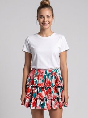 🌻LIKE NEW &merci Coral Floral Ruffle Tiered Cotton Mini Skirt Women's Size L